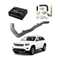 Jeep Grand Cherokee EcoDiesel 3.0L parked in the mountains with full delete kit box featuring Iron Loader V2, delete pipe, and EGR block off plates and pipes.