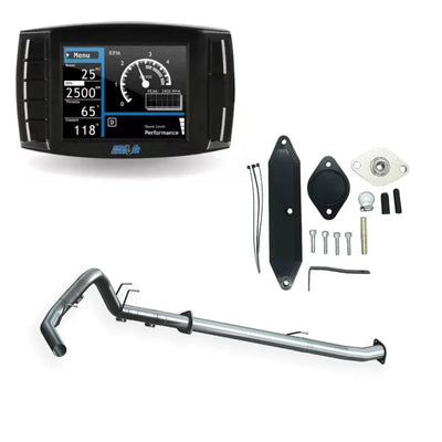 Complete 6.7L Powerstroke delete kit with Mini Maxx V2 tuner, EGR block-off plates, and 4-inch DPF/CAT delete exhaust pipe.