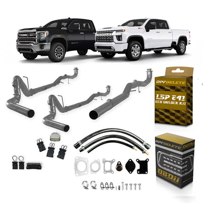Best L5P delete kit with downpipe-back exhaust, block-off plates, hoses, gaskets, OBD2 tuner and L5P E41 ECU unlock kit.
