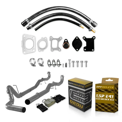 Complete L5P delete kit with downpipe-back exhaust, block-off plates, hoses, gaskets, OBD2 tuner and L5P E41 ECU unlock kit.