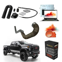 All-in-one Cummins 6.7 delete kit box in front of a GMC truck, showing tuner, delete pipe, EGR block-off plates and tuning setup.