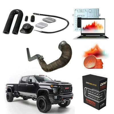 LM2 delete kit with wrapped delete pipe, tuner, ECM, tune credits, and lifted GMC truck, full setup from DPF delete shop called dpfdelete.com