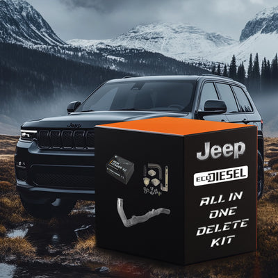 Jeep Grand Cherokee EcoDiesel 3.0L parked in the mountains with full delete kit box featuring Iron Loader V2, delete pipe, and EGR block off plates and pipes.