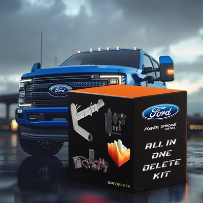Powerstroke 6.7 delete kit in box with Ford F250, full DPF EGR DEF kit.