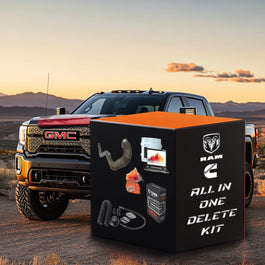 All-in-one Cummins 6.7 delete kit box in front of a GMC truck, showing tuner, delete pipe, EGR block-off plates and tuning setup.