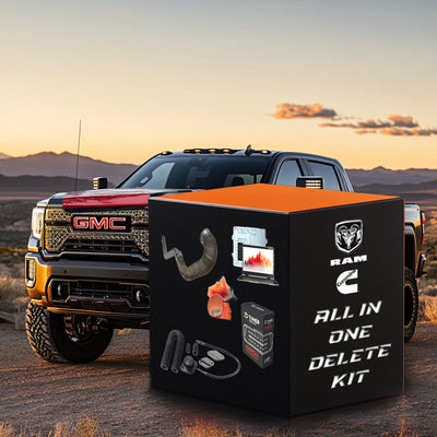All-in-one Cummins 6.7 delete kit box in front of a GMC truck, showing tuner, delete pipe, EGR block-off plates and tuning setup.