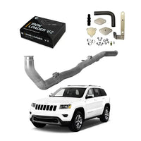 Jeep Grand Cherokee EcoDiesel 3.0L parked in the mountains with full delete kit box featuring Iron Loader V2, delete pipe, and EGR block off plates and pipes.